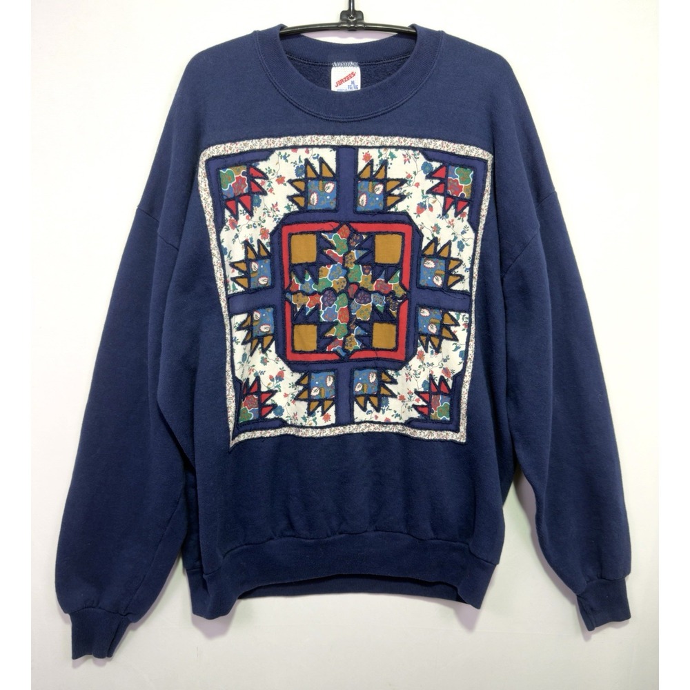 VTG 90s Jerzees XL Quilt Patchwork Applique Sweatshirt Made USA Navy Cottage